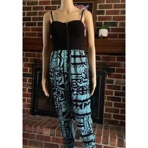 Black & Teal Striped Pattern Jumpsuit with Zip Front